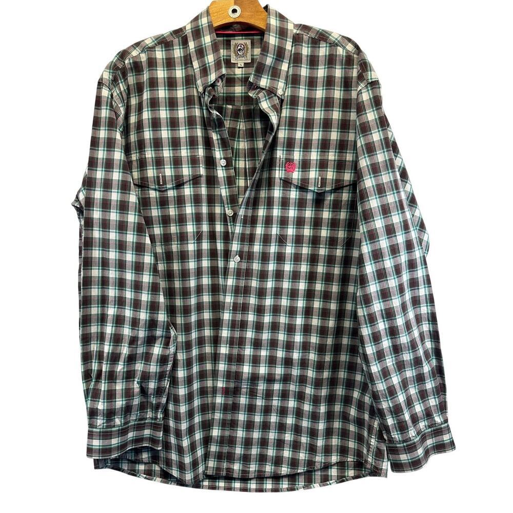 Cinch Men Long Sleeve Button Down USA Cotton Plaid Size L Western EUC Brown Gr.‎